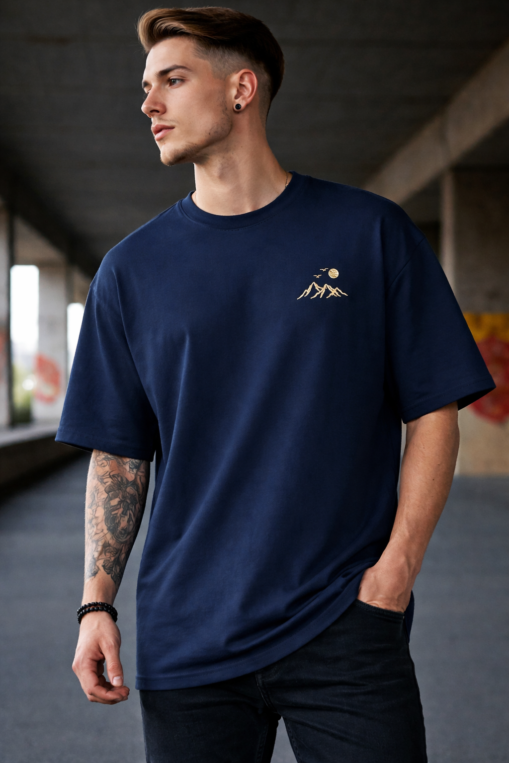 Midnight Mountain Embroidery Tee Unisex Oversized Fit