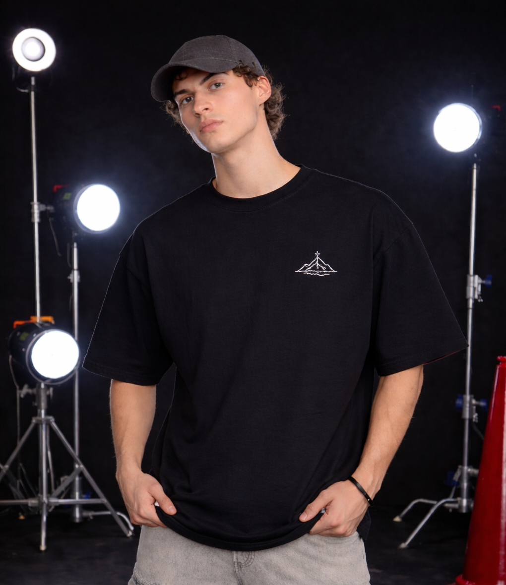 Minimal Mountain Embroidery Tee Oversized Fit