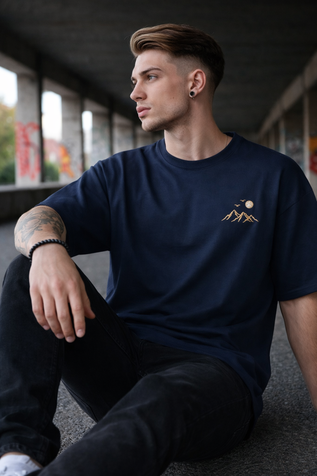 Midnight Mountain Embroidery Tee Unisex Oversized Fit
