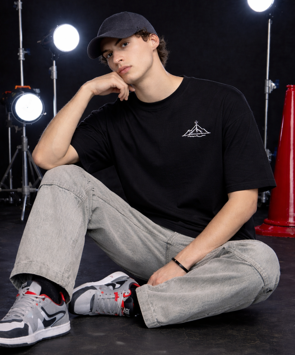 Minimal Mountain Embroidery Tee Oversized Fit