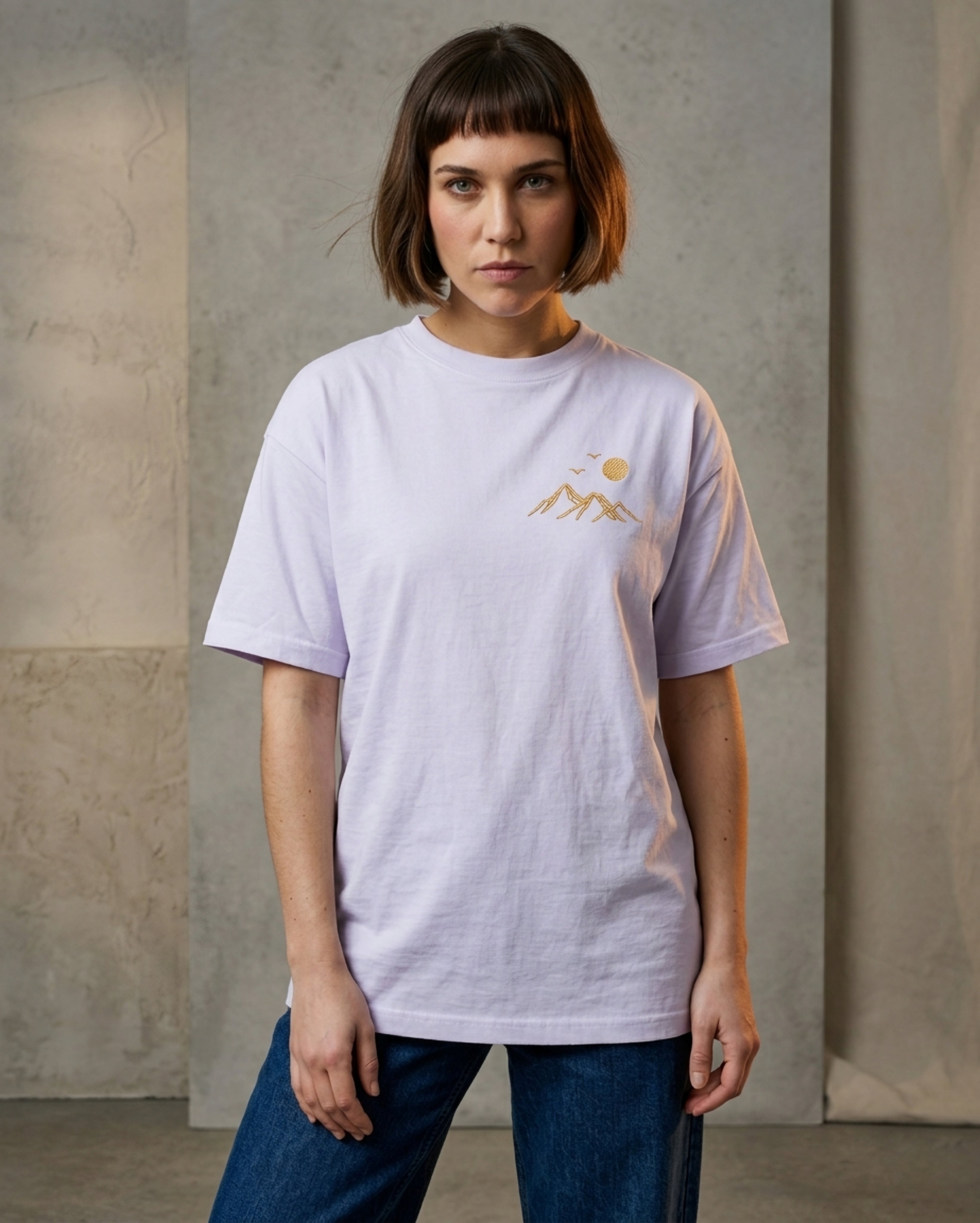 Midnight Mountain Embroidery Tee Unisex Oversized Fit